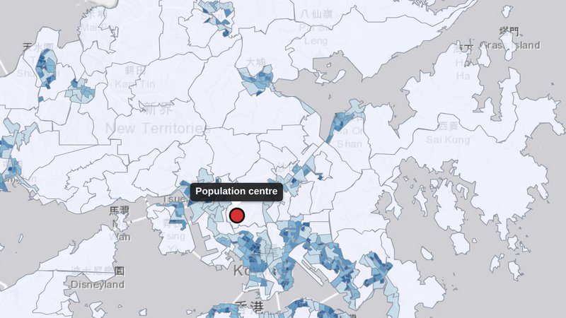 HKGeo map of Hong Kong with population density shading by district and a red marker for the population centre near Tsuen Wan and Kowloon